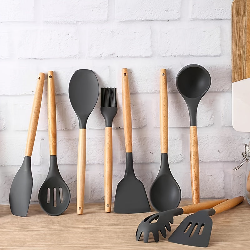 12pcs Silicone Kitchen Utensils Set with Wooden Handle and Storage Bucket