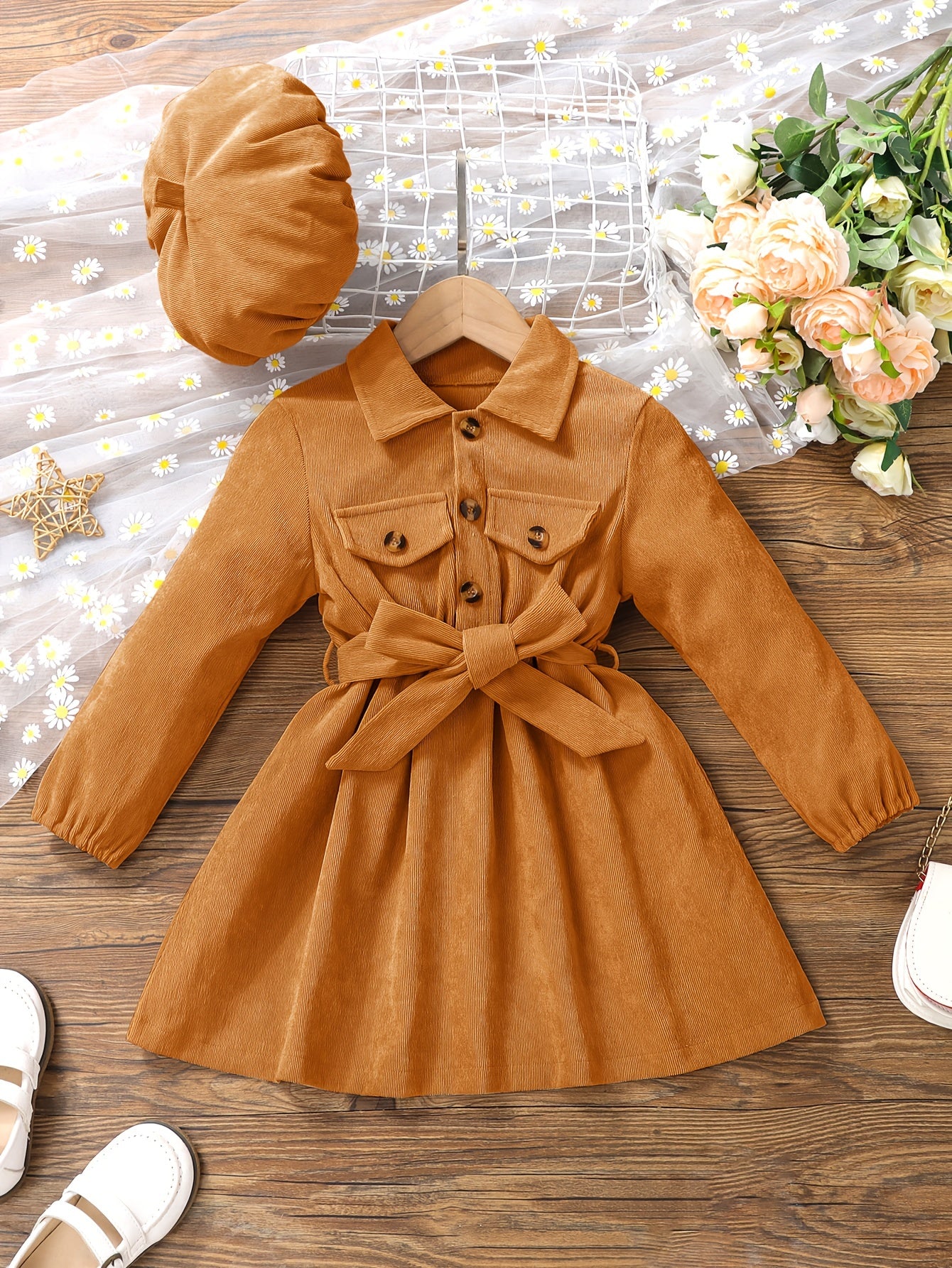 Girls Corduroy Button Front Collar Neck Dress Set