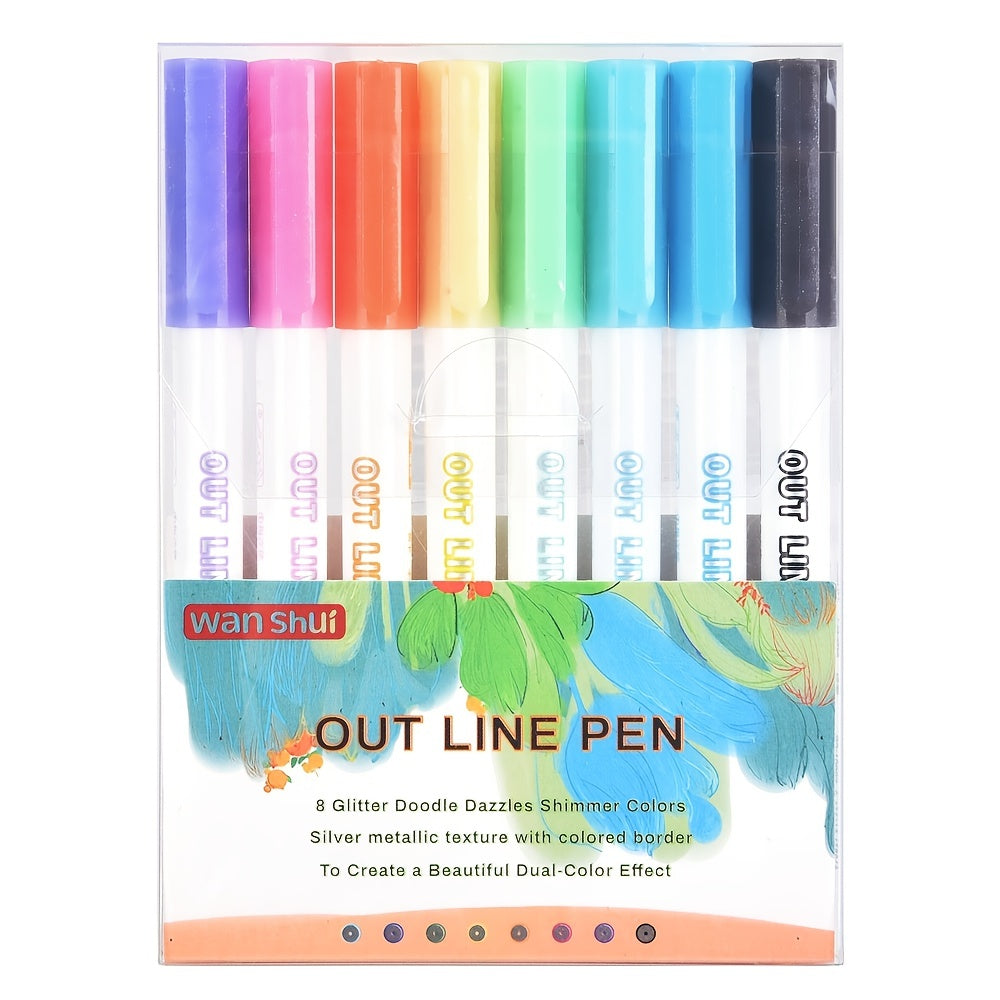 8 Double line Outline Flash Highlighter Bicolor Pen