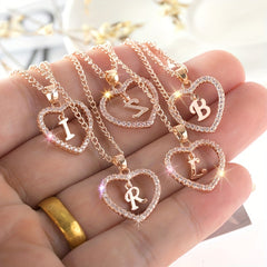Initial Letters A T Pendant Love Heart Rhinestones Pendant Necklace