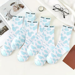 6 Pairs Cow Spot Print Socks Breathable Letter Print Stockings