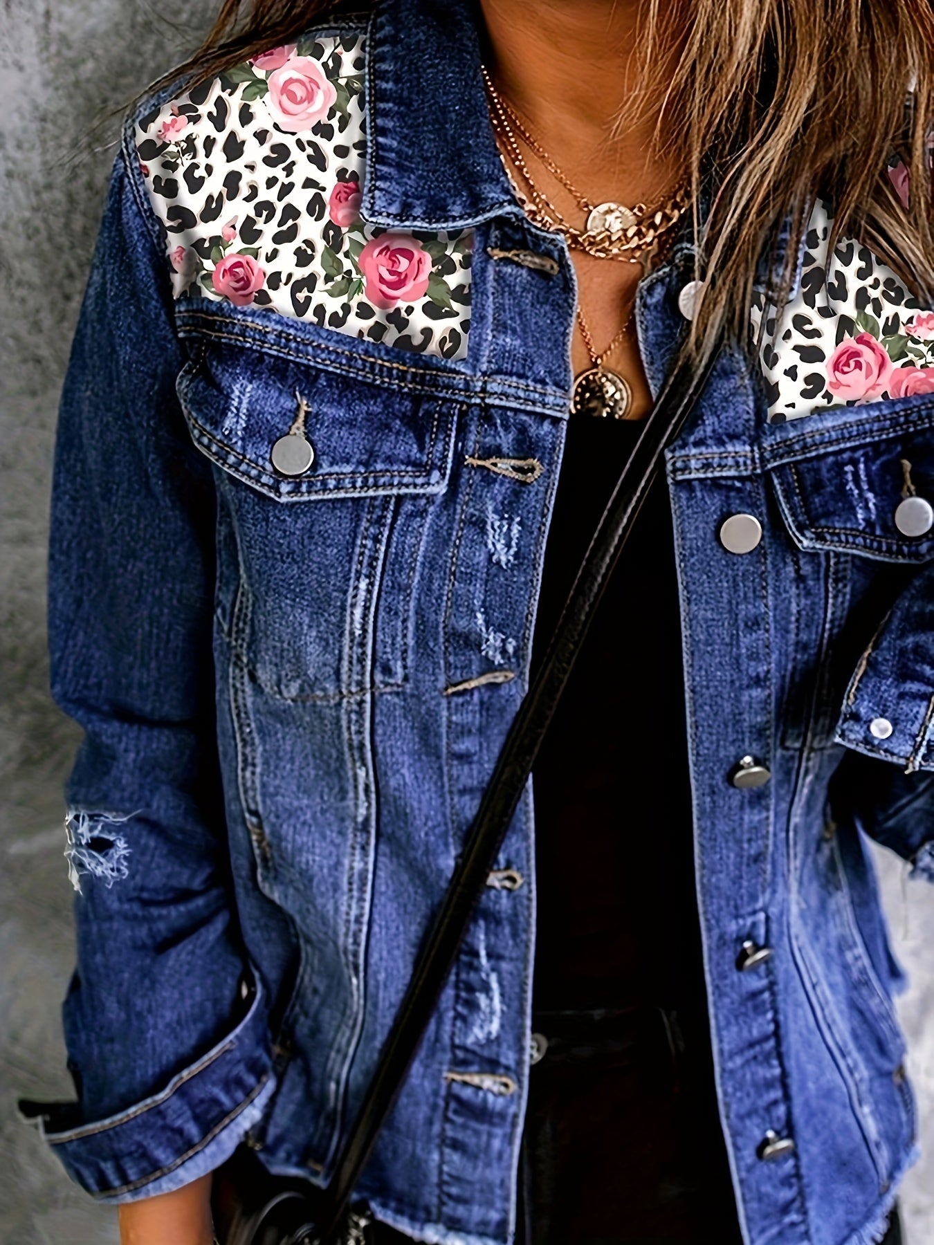  Floral & Leopard Print Fringe Trim Denim Jacket