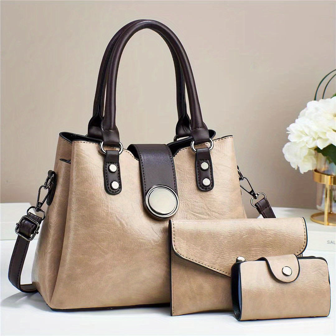 3pcs Vegan Leather Tote & Accessories Set - Stylish Satchel, Shoulder Crossbody