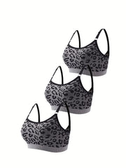 3pcs Leopard Wireless Bralettes Comfy & Breathable Intimates Bra