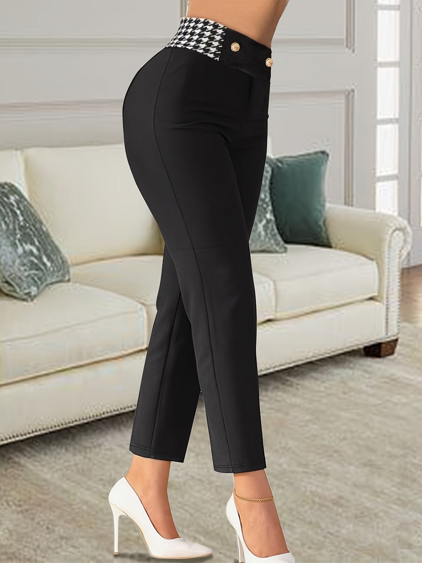 Colorblock Plaid Print High Rise Trousers