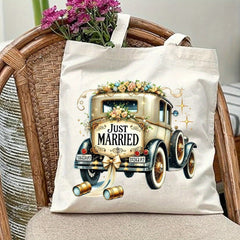 Vintage Wedding Truck Print Canvas Tote Bag