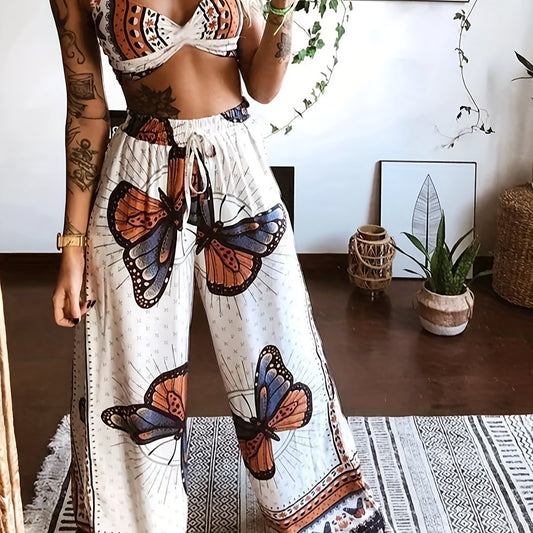 Butterfly Print Set Twist Crop Cami & Wide Leg Pants
