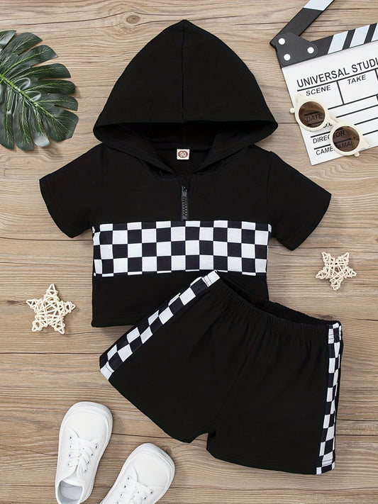 2pcs Girls Plaid Hooded T Shirts Zipper Tees Top & Shorts Set