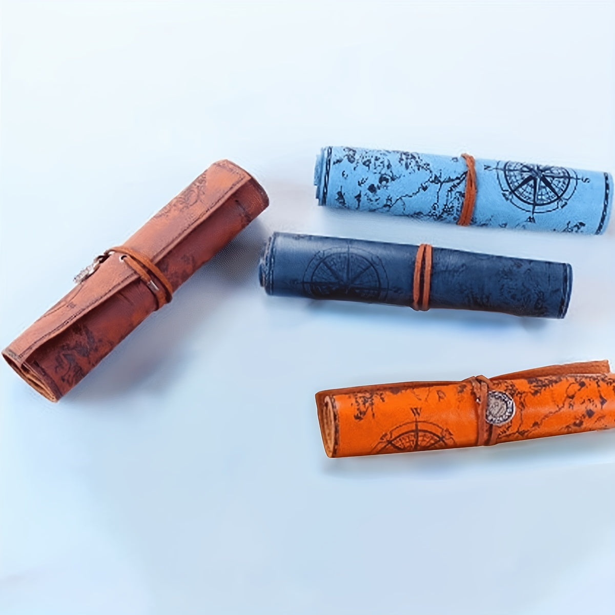 PU Leather Roll up Pen Bag Vintage Treasure Map Pencil Pouch