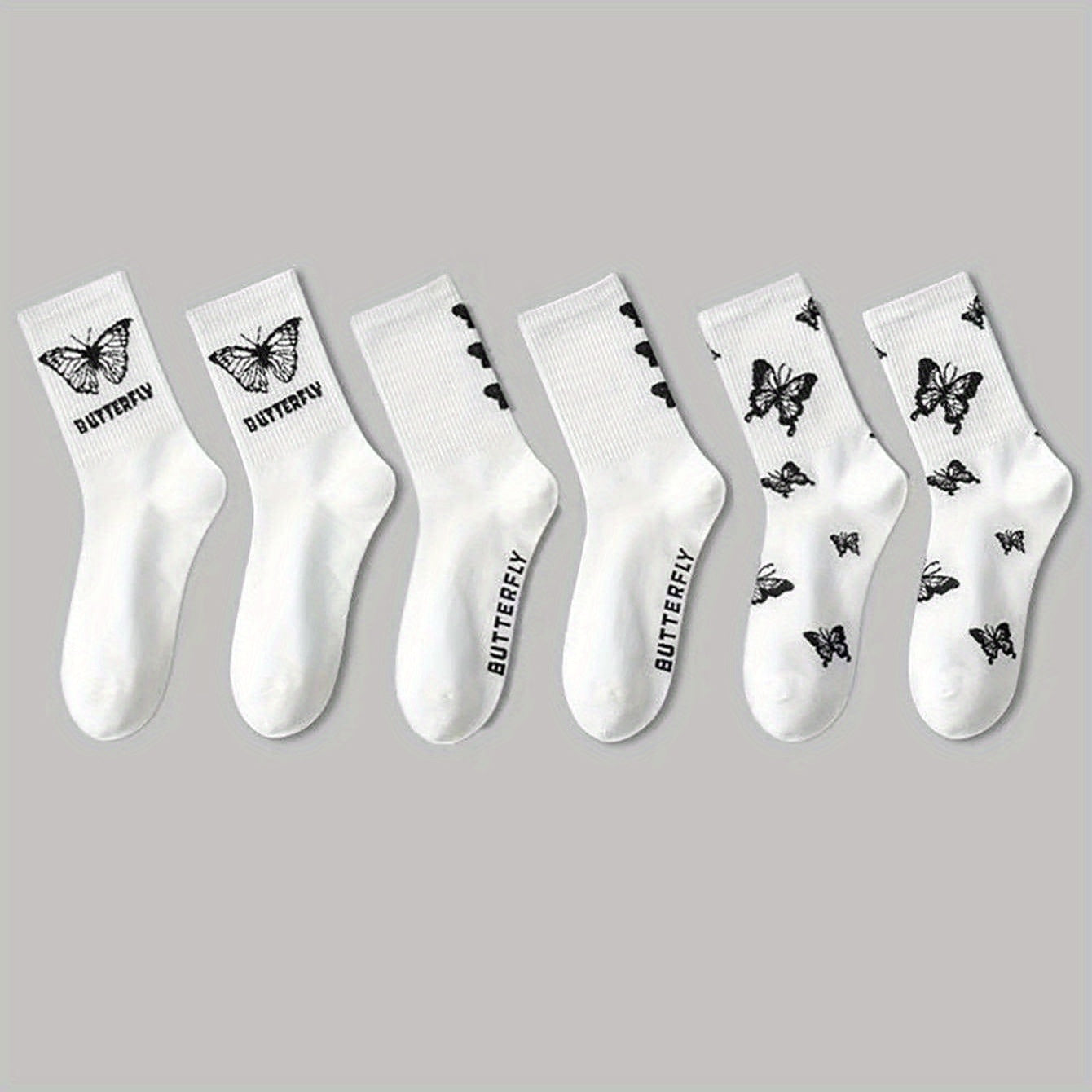 6 Pairs Butterfly Print Socks Casual & Mid Tube Women's Stockings