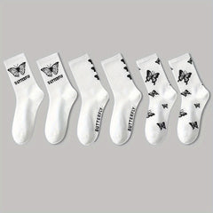 6 Pairs Butterfly Print Socks Casual & Mid Tube Women's Stockings
