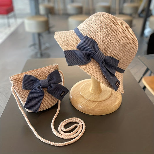 Girls Bow Decor Straw Hat & Bag Set for Outdoor Activities