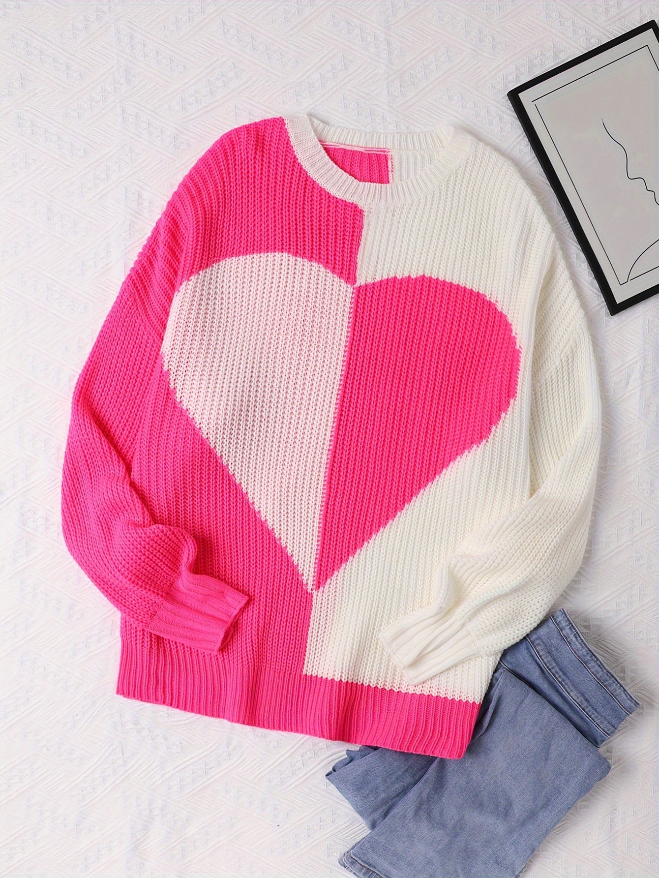  Colorblock Heart Long Sleeve Round Neck Jumper