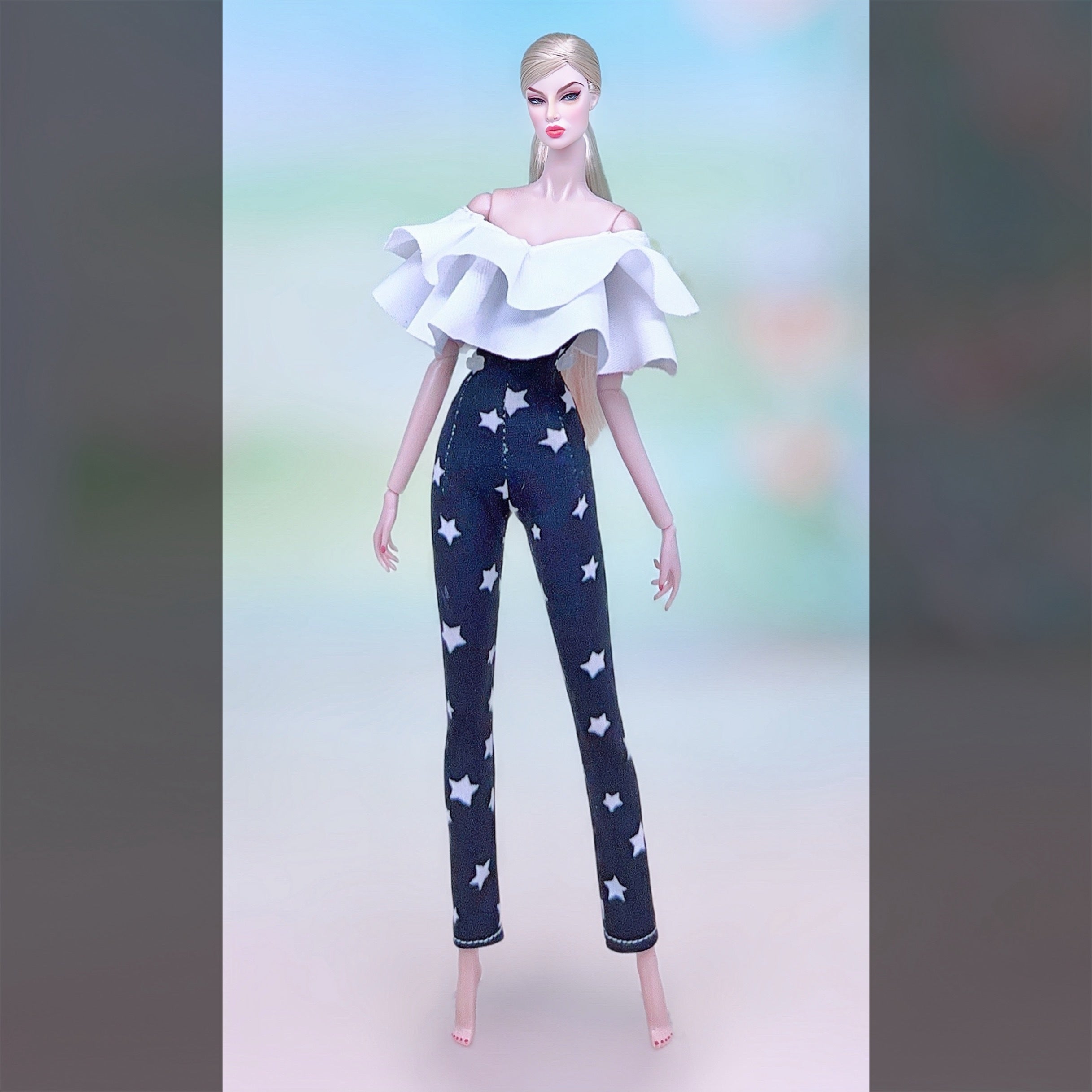 1:6 Doll Clothing Set - Wide Leg Denim Pants and Top