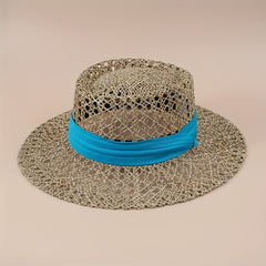 Flat Top Summer Sun Hat Hollow Straw Hat British Jazz Fedora Cap