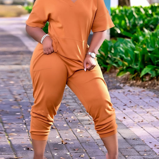  Solid Short Sleeve V Neck Tee & Pants Outfits Set
