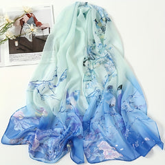 Chiffon Thin Scarf Lucky Bird Branch Print Gradient Head Wrap