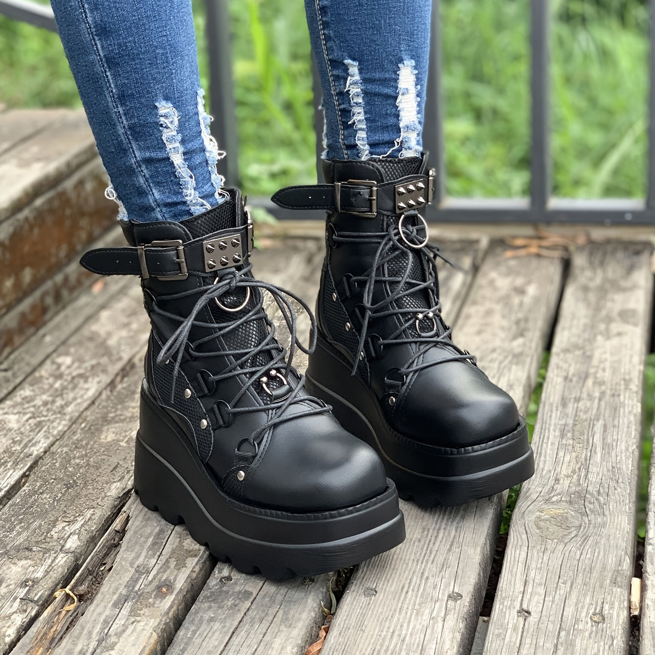 Punk Style Studded Lace Up Ankle Boots