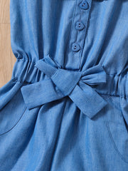 Girls Ruffled Denim Shorts Romper with Bow - Summer Casual