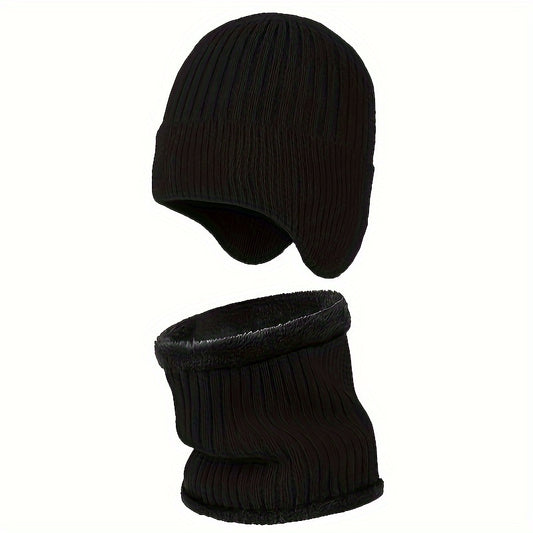 Winter Knitted Beanie Hat & Scarf Set Wool Ear Protection Warm Neck Gait