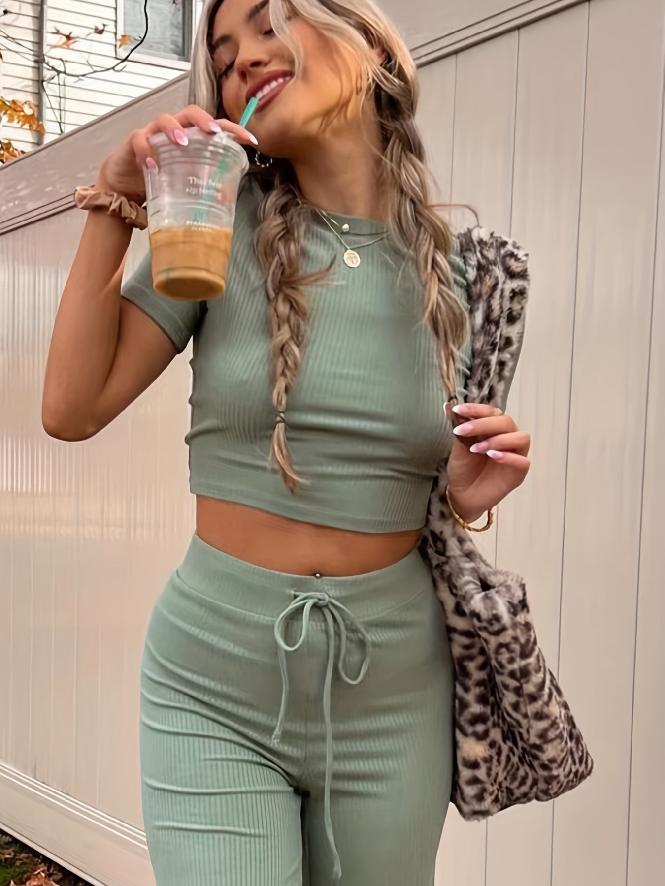 Casual Two Piece Set Crew Neck Short Sleeve Tops & Drawstring Wide Leg Pants