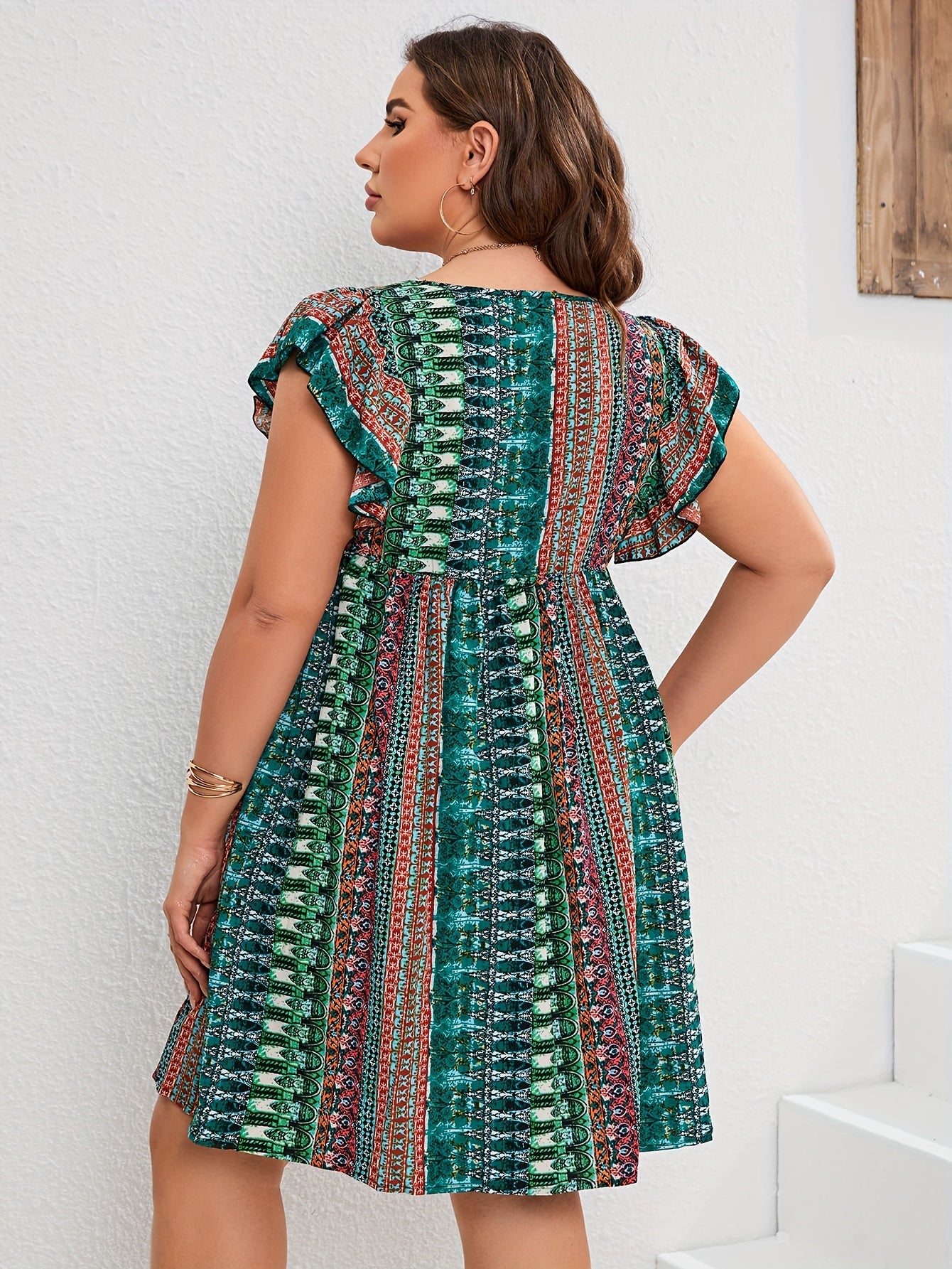 Women's Plus Boho Print Ruffle Short Sleeve Dress