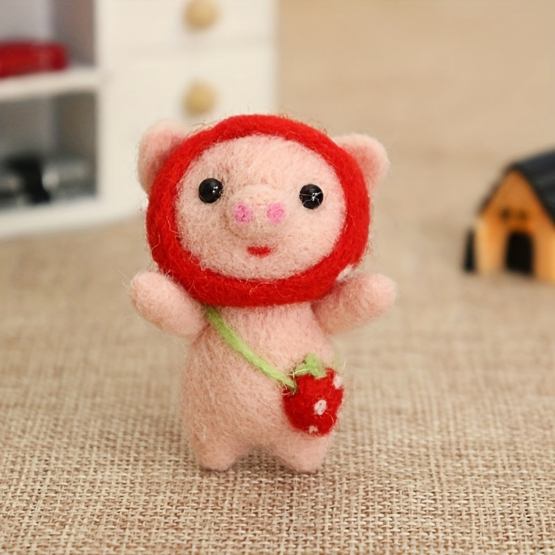 Wool Felting DIY Kit Pig With Red Strawberry Hat And Bag
