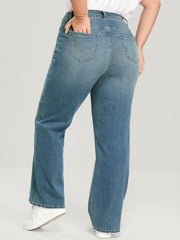  Washed Button Fly Wide Leg Jeans