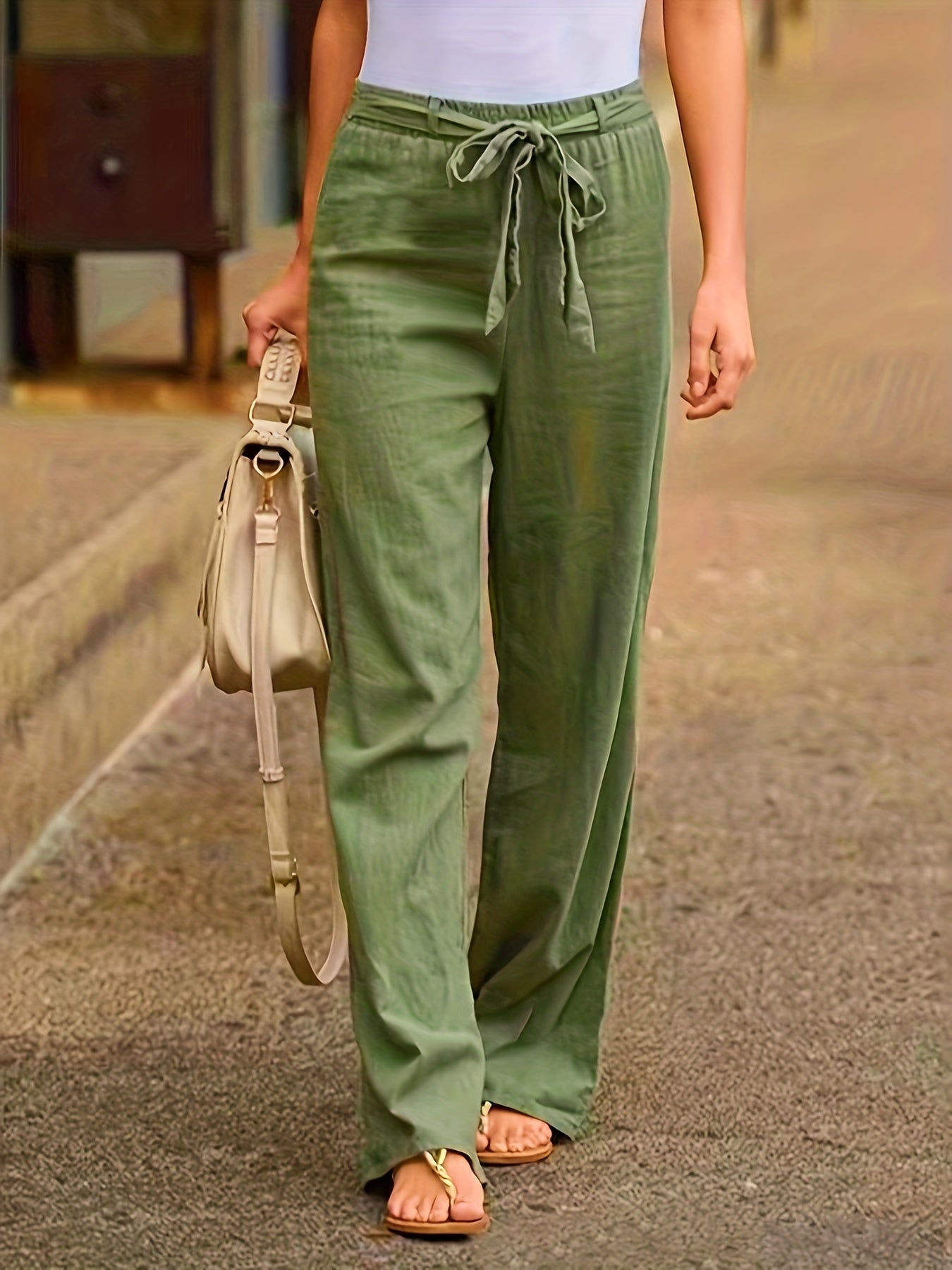  Women's Elastic Waist Straight Leg Pants With Belt
