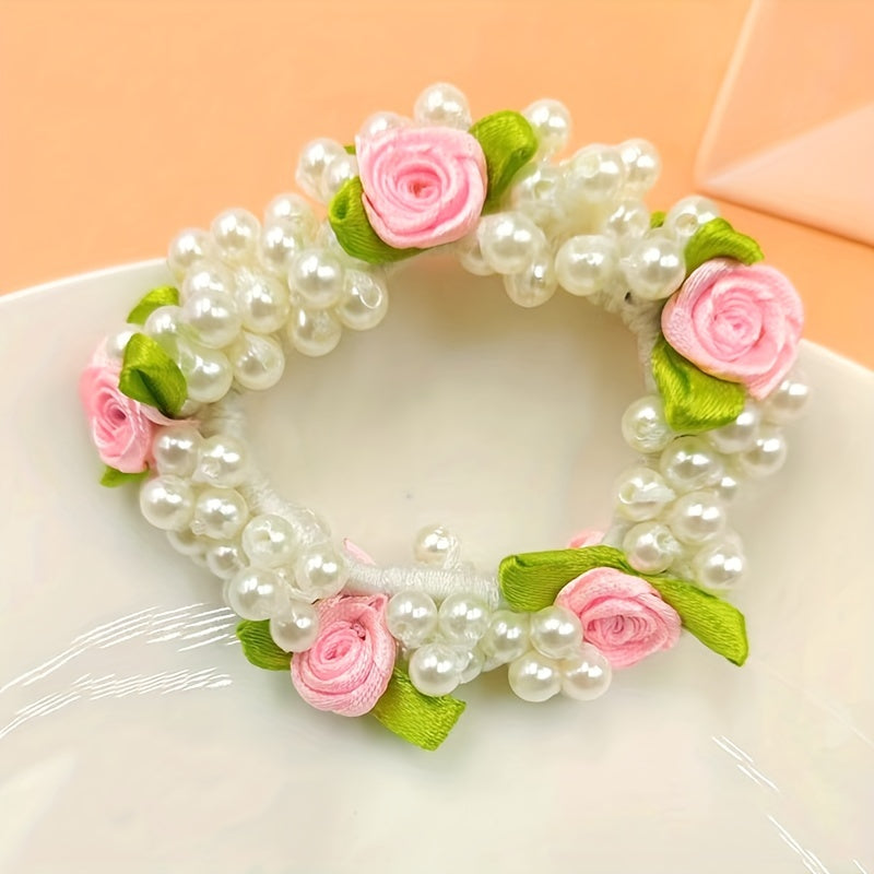 Rose Flower Faux Pearl Hair Tie Rubber Head Rope Sweet Lady Headwear