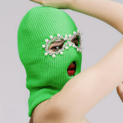 Green Y2K Balaclava Faux Pearl Decor Ski Mask