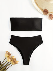 Solid Bandeau Tie Back Bikini Sets High Cut Two Pieces Swimsuit Women's Swimwear