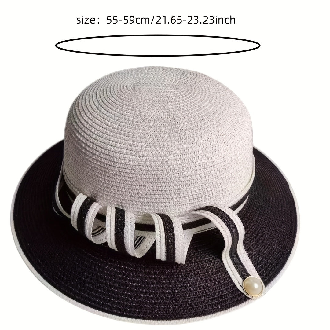 Pearl Buckle Straw Bucket Hat for Women