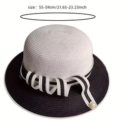Pearl Buckle Straw Bucket Hat for Women