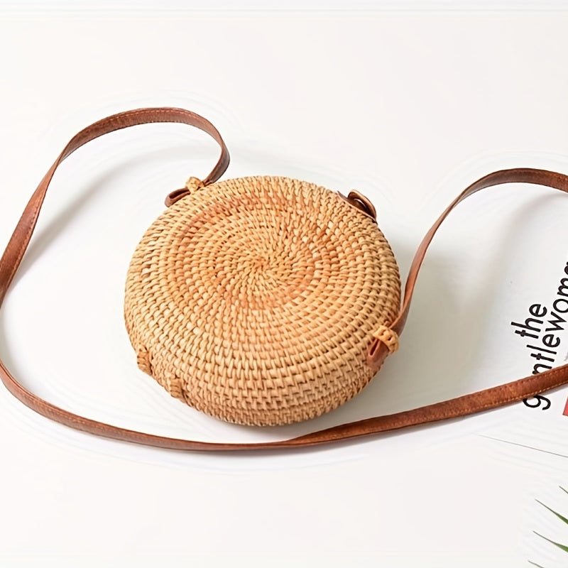 Boho Style Round Rattan Woven Bag Square Beach Straw Crossbody Purse
