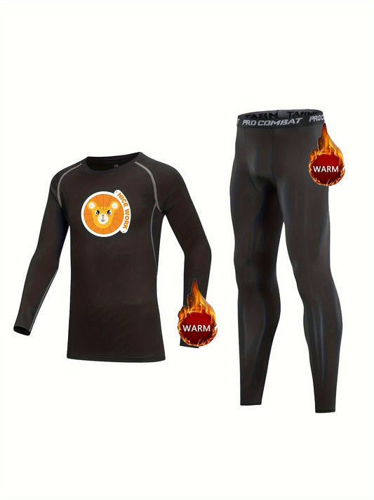 2pcs Kids Compression Fleece Sets Crew Neck Pullover Matching Pants