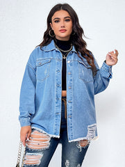  Casual Denim Top Women's Plus Solid Button Up Long Sleeve