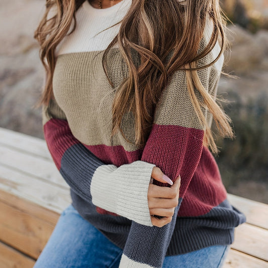  Colorblock Striped Sweater Long Sleeve Crew Neck Pullover Jumper