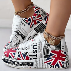Women's Letter & Flag Print Sneakers Low Lace Up Flatform Shoes