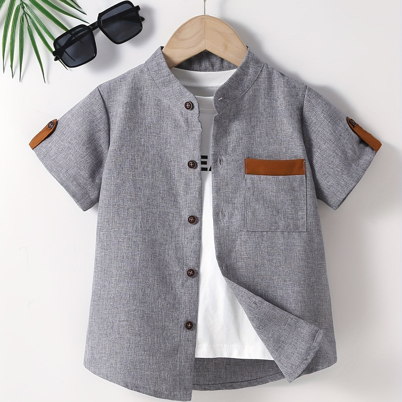 Boys Button Down Shirt Short Sleeve Stand Collar Tee Tops