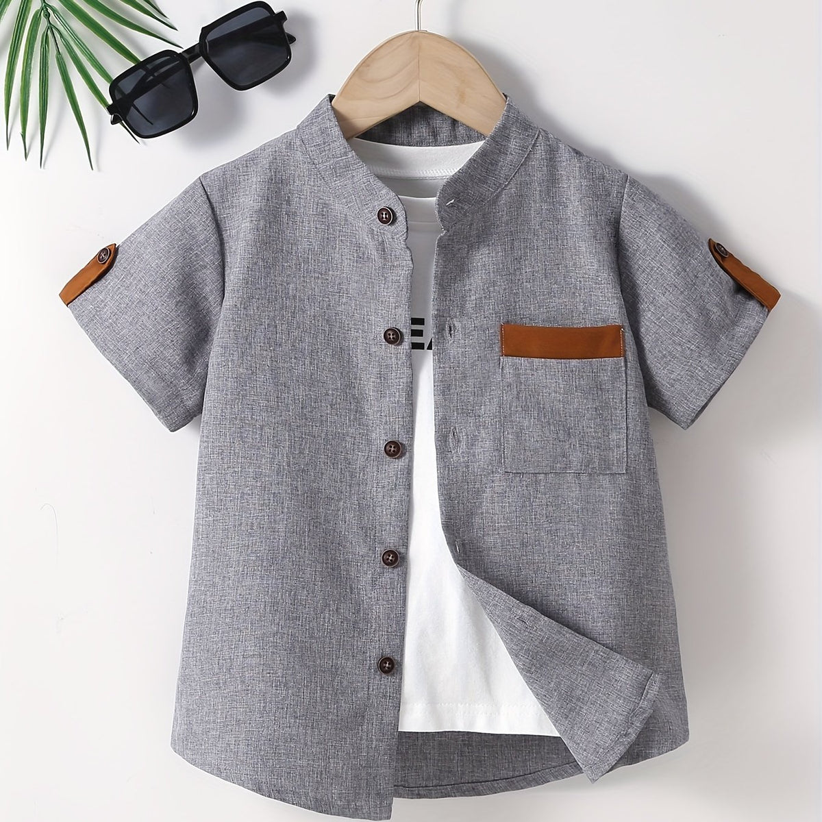 Boys Button Down Shirt Short Sleeve Stand Collar Tee Tops