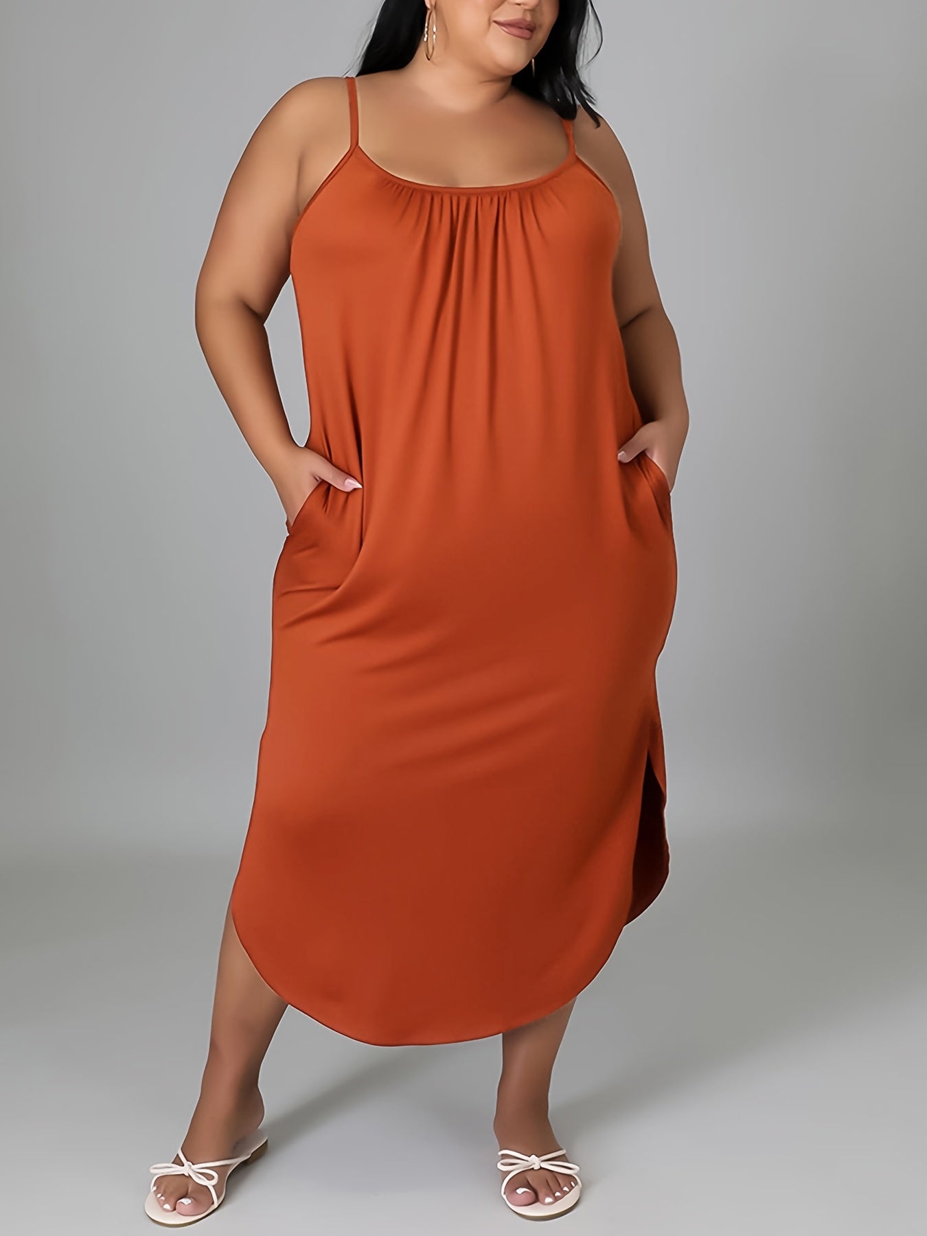 Solid Split Cami Dress Plus High Stretch Slim Midi Dress