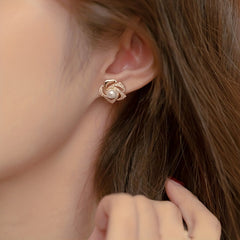 Vintage Rose Flower Rhinestone Pearl Stud Earrings Jewelry Gift