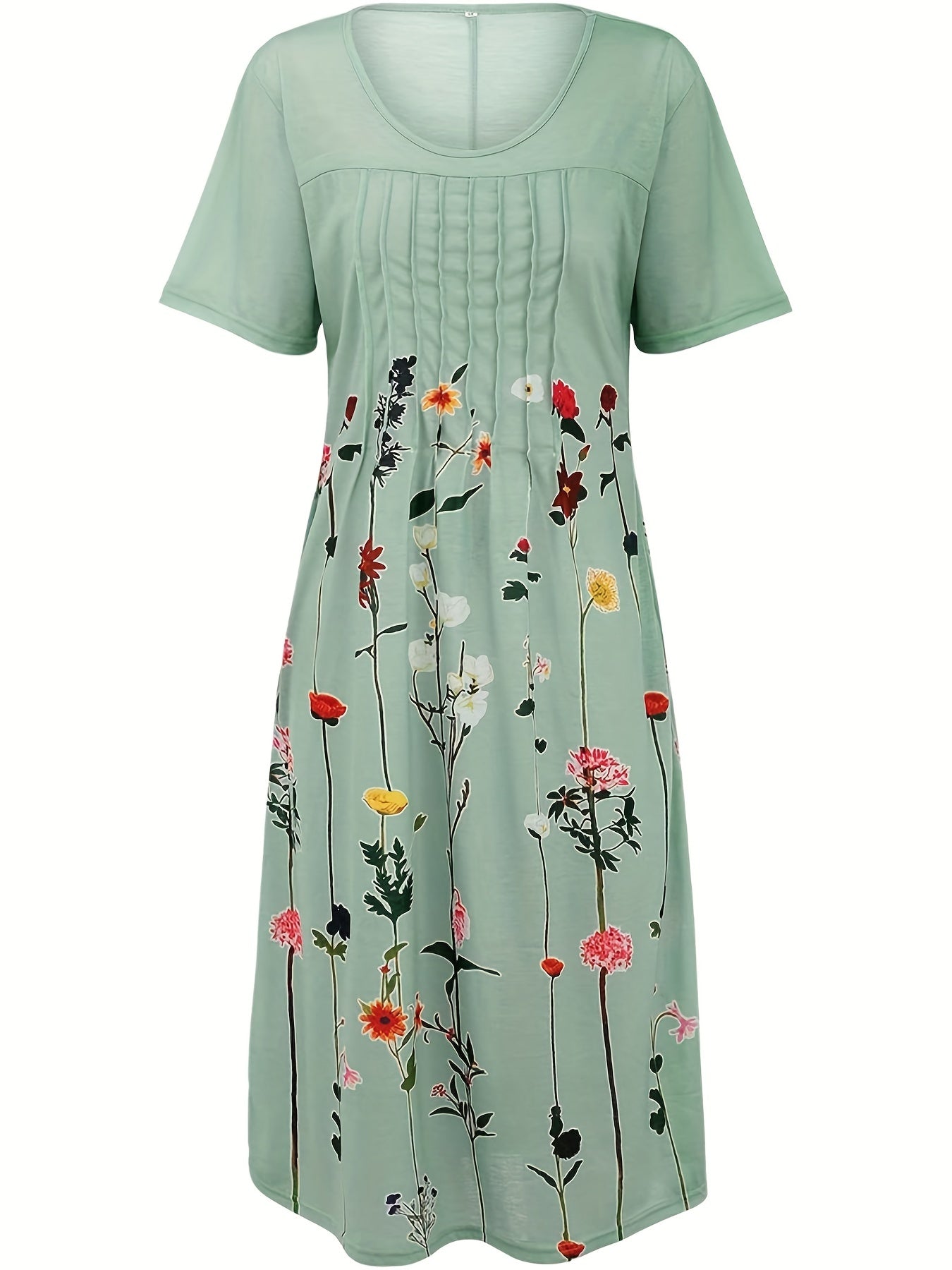  Floral Print Pleated Short Sleeve Dress