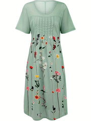  Floral Print Pleated Short Sleeve Dress