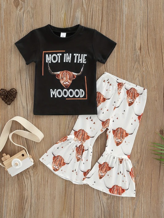 Girls Cow Print T shirt & Flared Pants Set For Summer