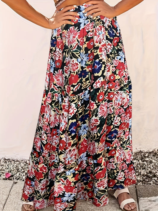  Boho Skirt Women's Plus Floral Print Elastic High Rise Swing Maxi Skir