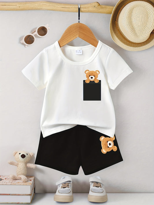 2pcs Bear Graphic Print T-shirt & Shorts Set for Summer