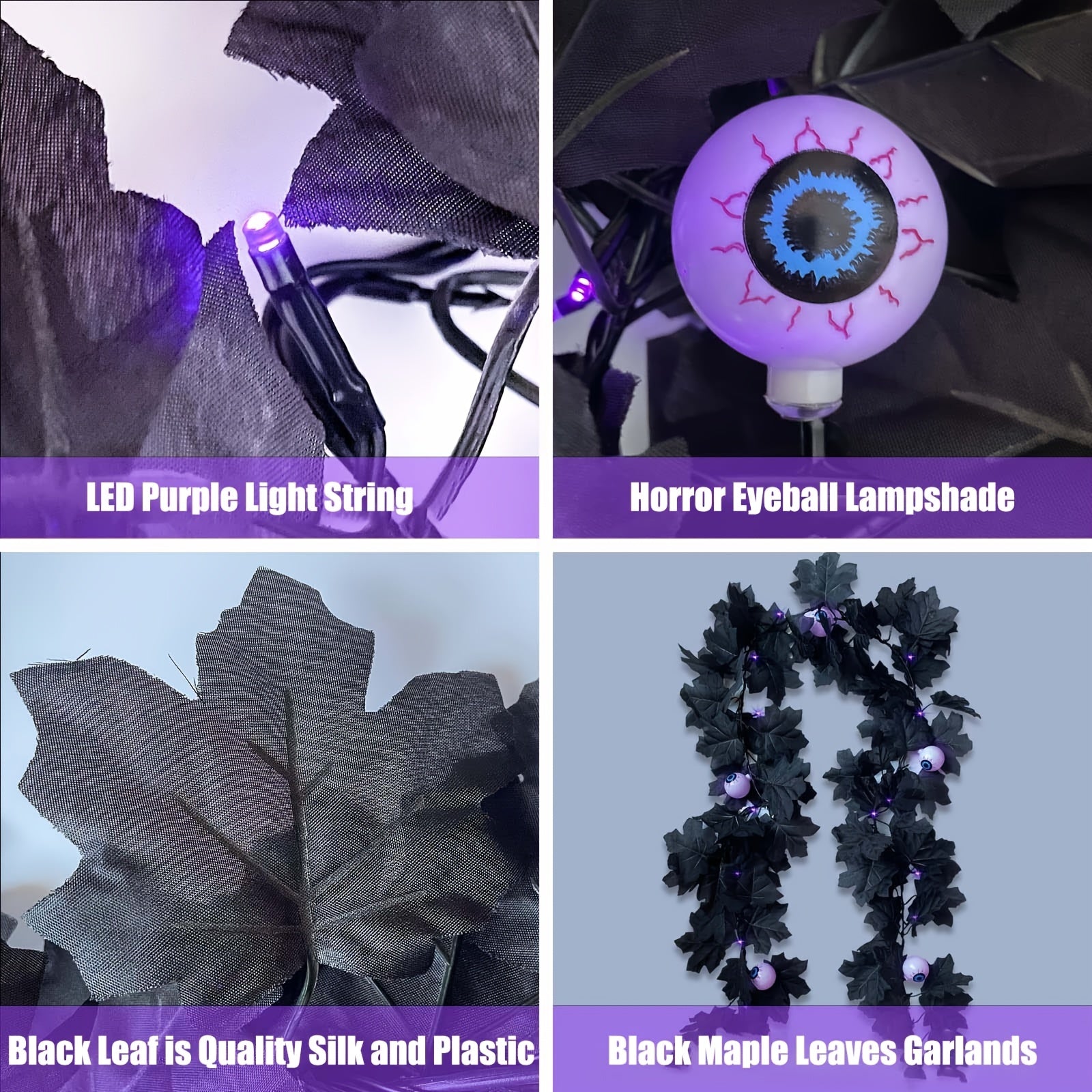Halloween Eyeballs Purple Lights Garland 20 LED Maple Leaf 173cm Decor