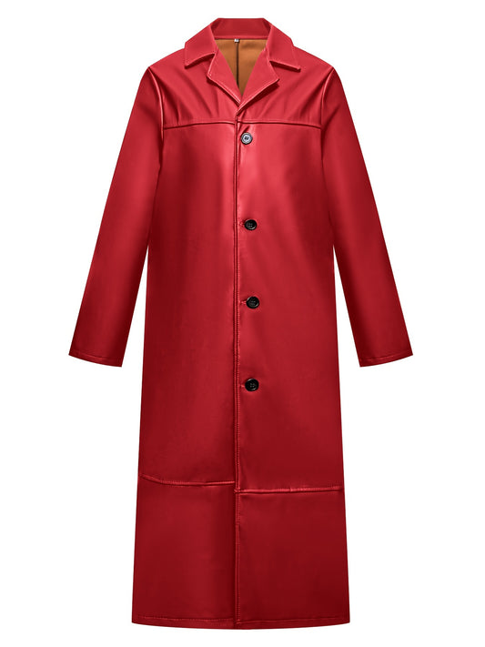 Men's Pu Overcoat Casual Lapel Stretch Button Up Faux Leather Long Coat
